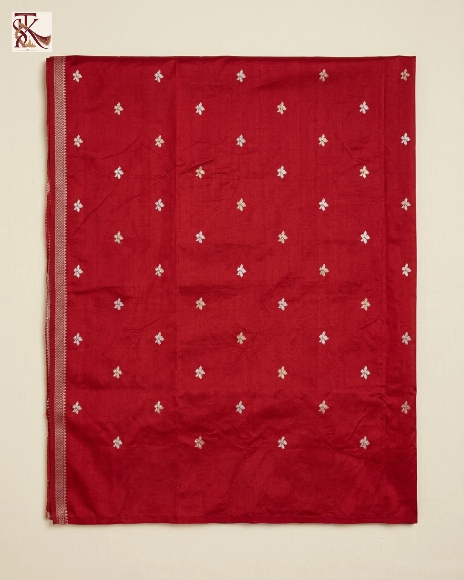 Original Vibrant Crimson Red Katan Silk Banarasi Saree body and blouse fabric reference
