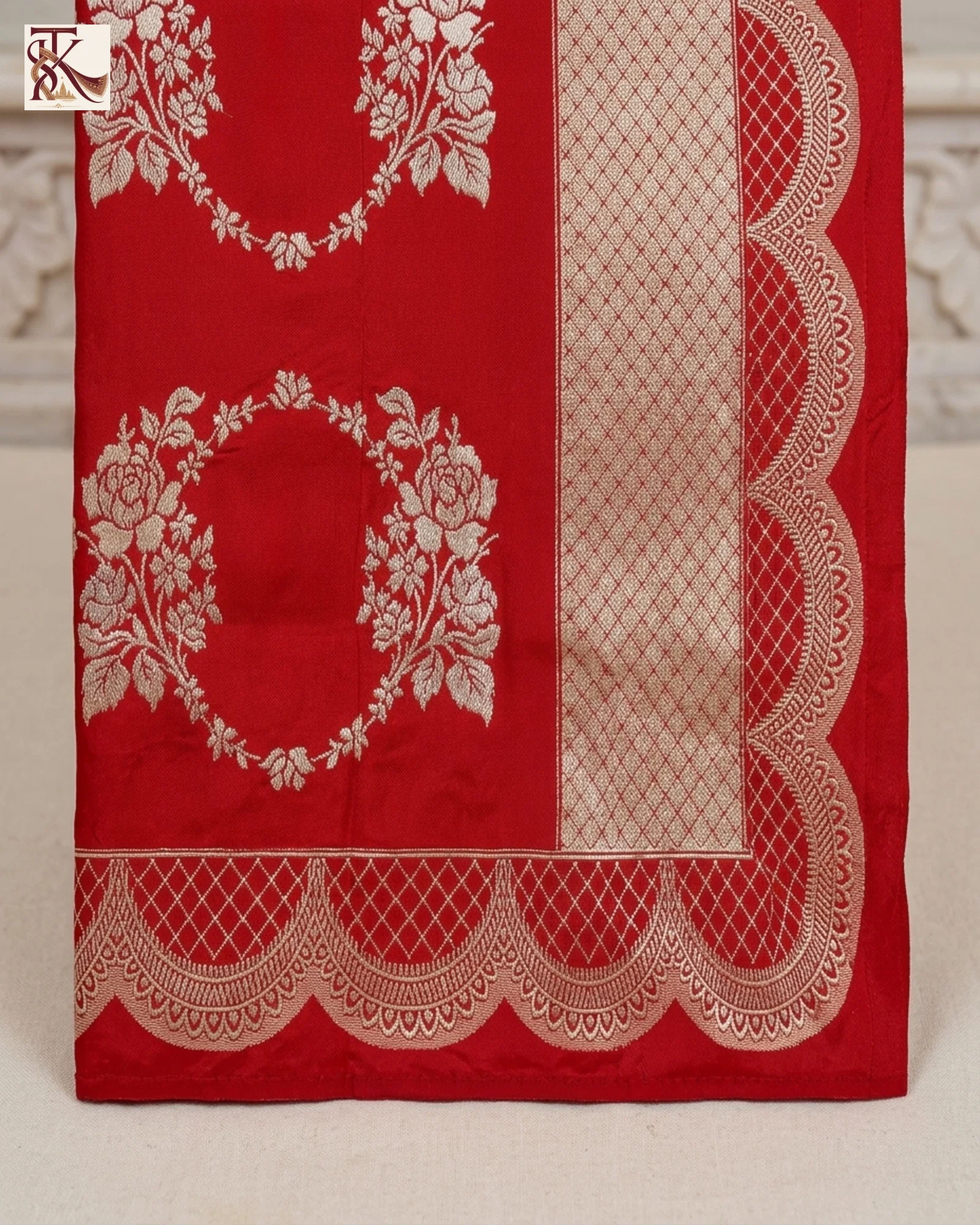 Vibrant Crimson Red Katan Silk Kadwa Banarasi Saree with Gold & Silver Zari - Image 9