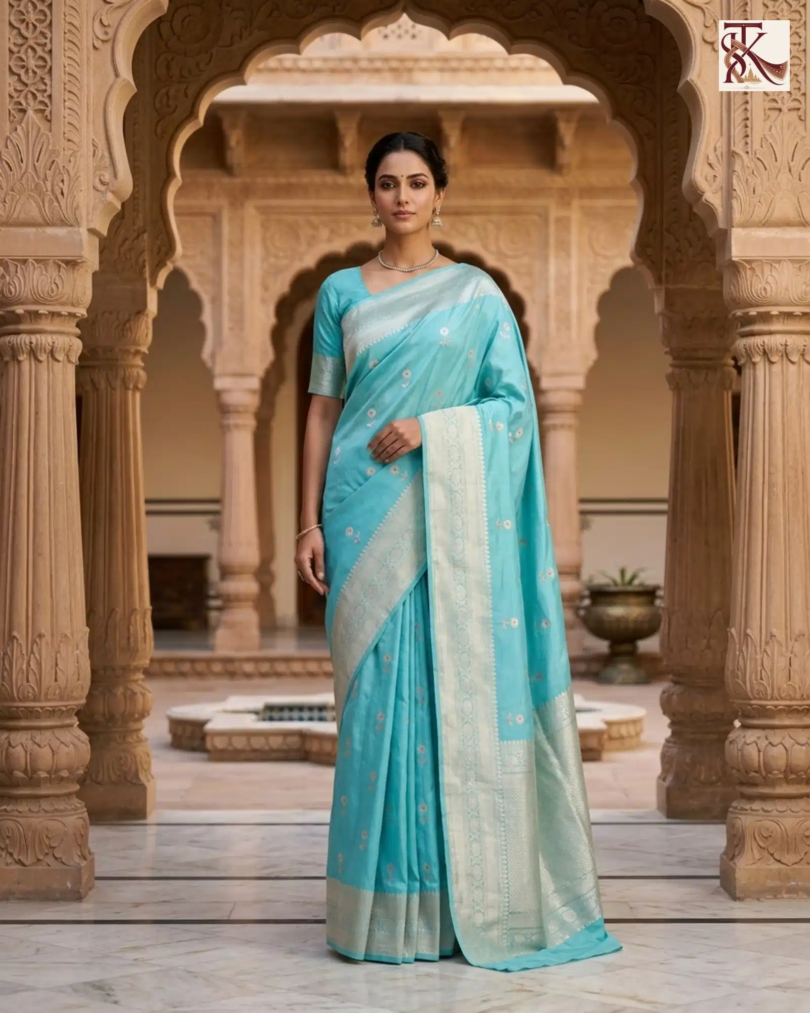 Vibrant Turquoise Blue Katan Silk Kadwa Buti Banarasi Saree front standing view
