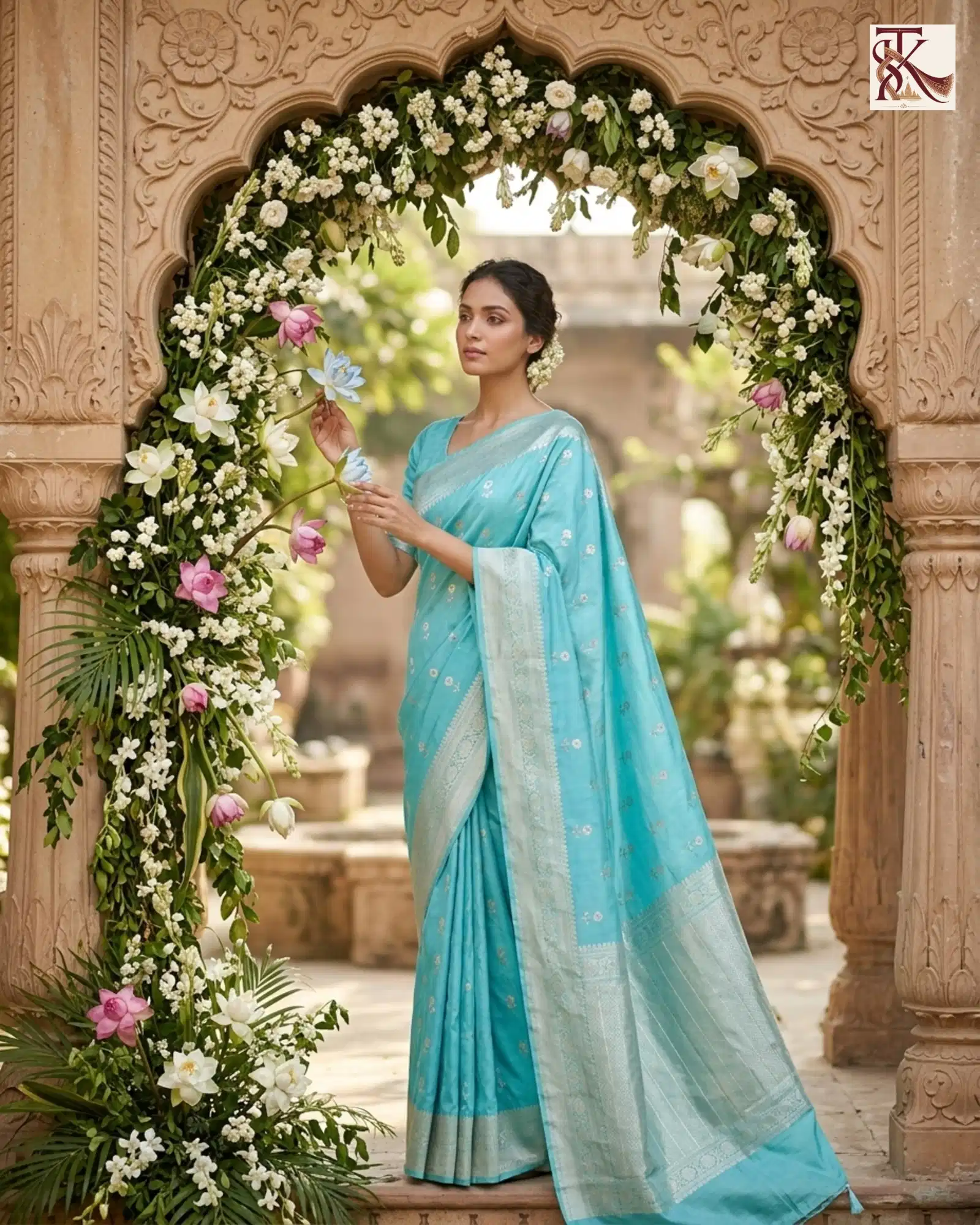 Vibrant Turquoise Blue Katan Silk Kadwa Buti Banarasi Saree floral arch portrait