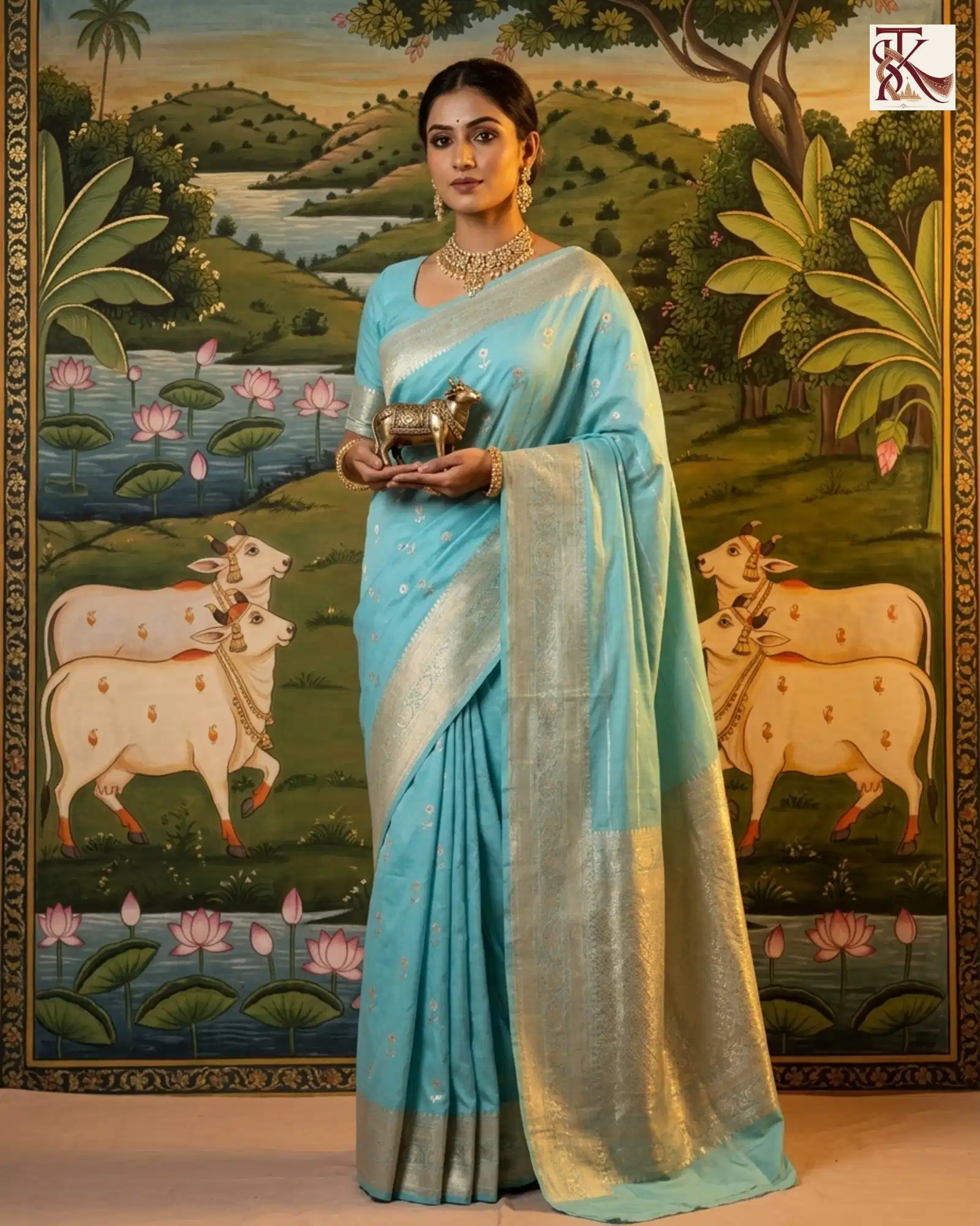 Vibrant Turquoise Blue Katan Silk Kadwa Buti Banarasi Saree Pichwai heritage portrait