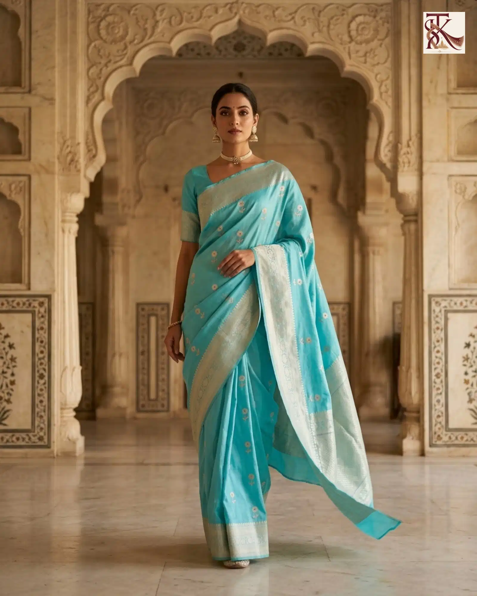 Vibrant Turquoise Blue Katan Silk Kadwa Buti Banarasi Saree graceful walking view