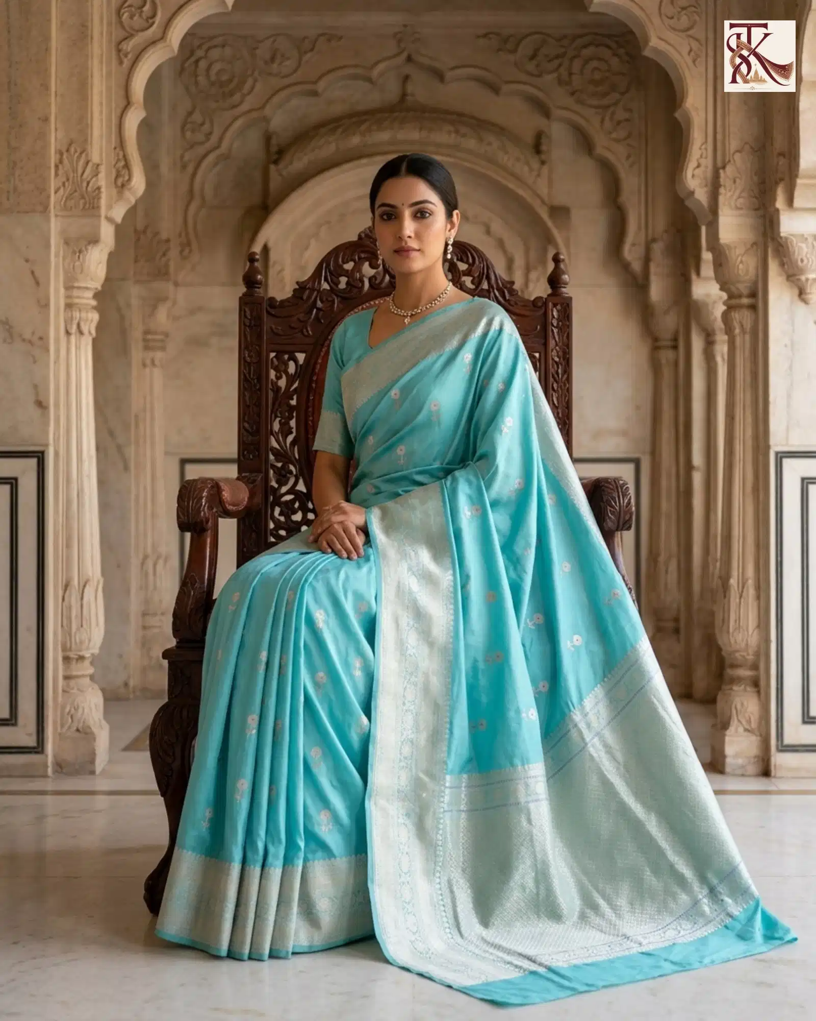 Vibrant Turquoise Blue Katan Silk Kadwa Buti Banarasi Saree regal seated view