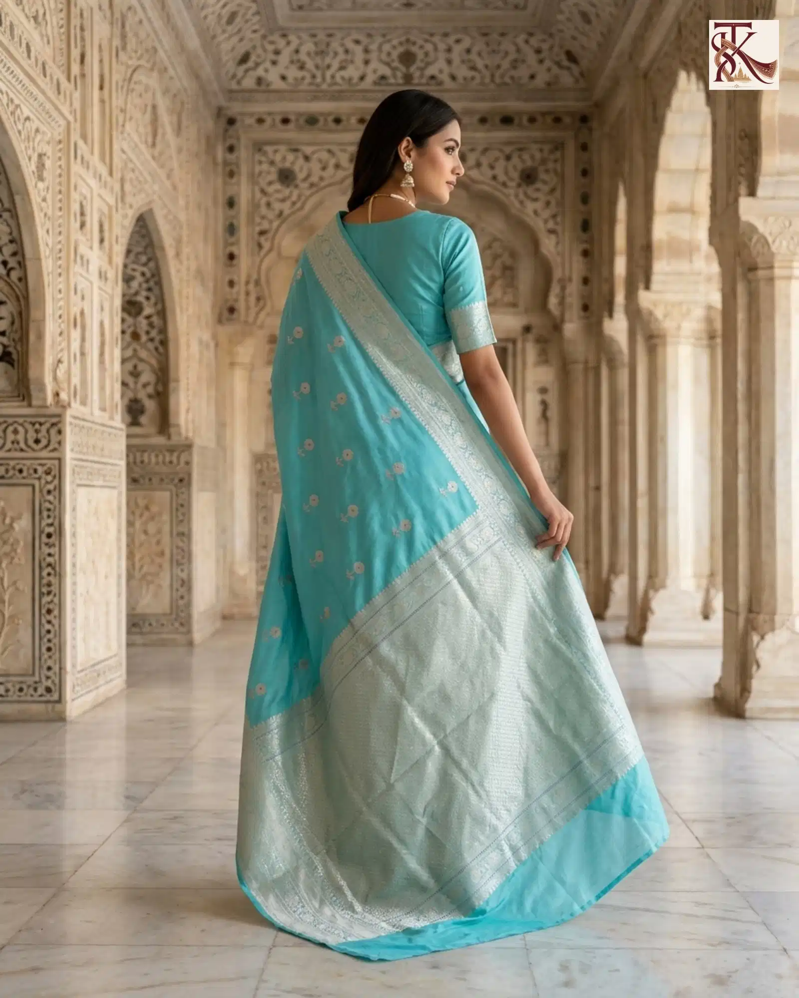 Vibrant Turquoise Blue Katan Silk Kadwa Buti Banarasi Saree rear pallu showcase
