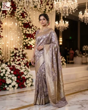 Kaumudi grey Katan Silk Kadwa Banarasi saree with Meenedar Jungla and gold zari in wedding reception setting