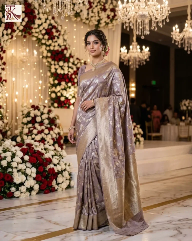 Kaumudi grey Katan Silk Kadwa Banarasi saree with Meenedar Jungla and gold zari in wedding reception setting