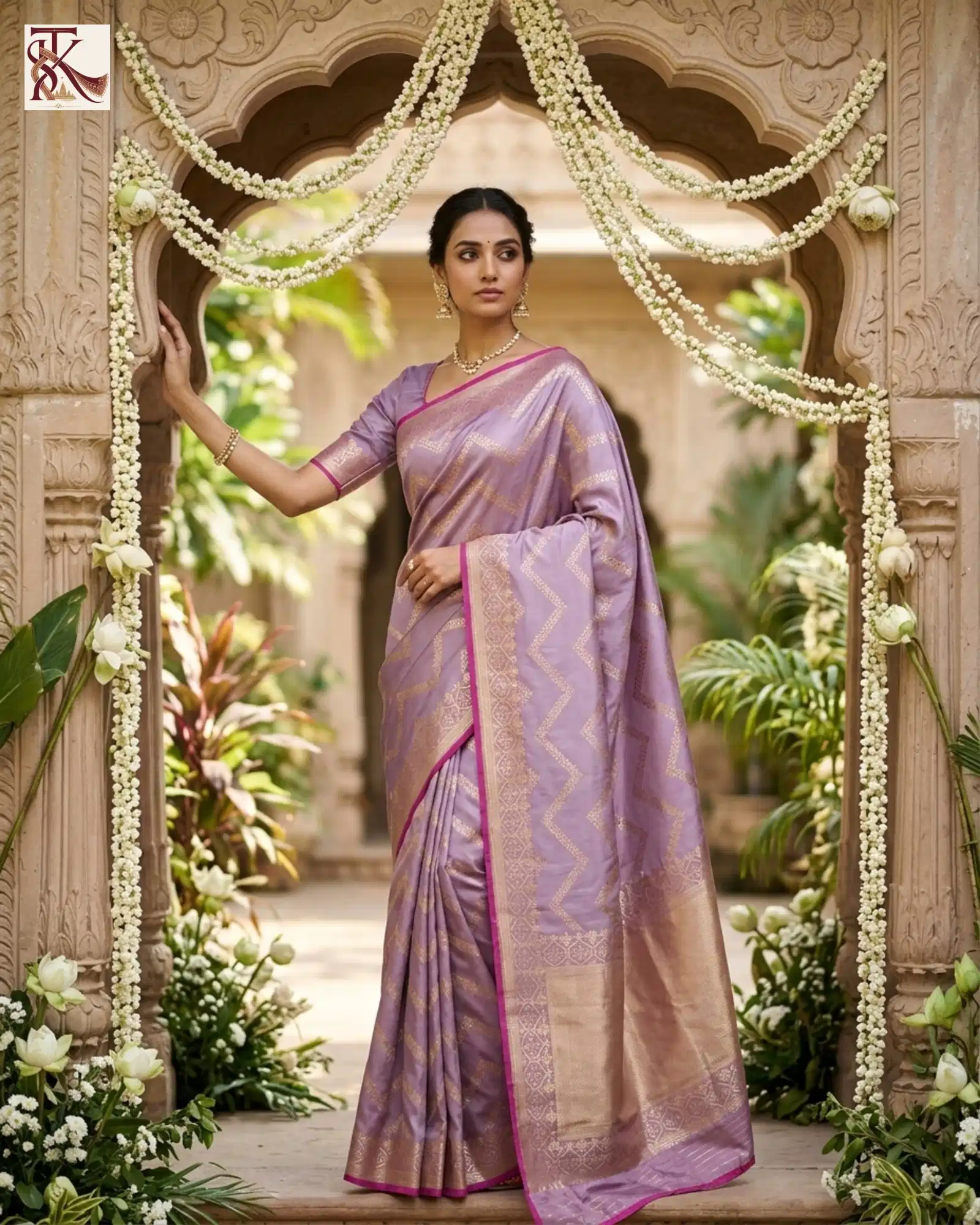 Mauve Pure Katan Silk Kadwa Banarasi saree with magenta edging styled beneath a botanical arch