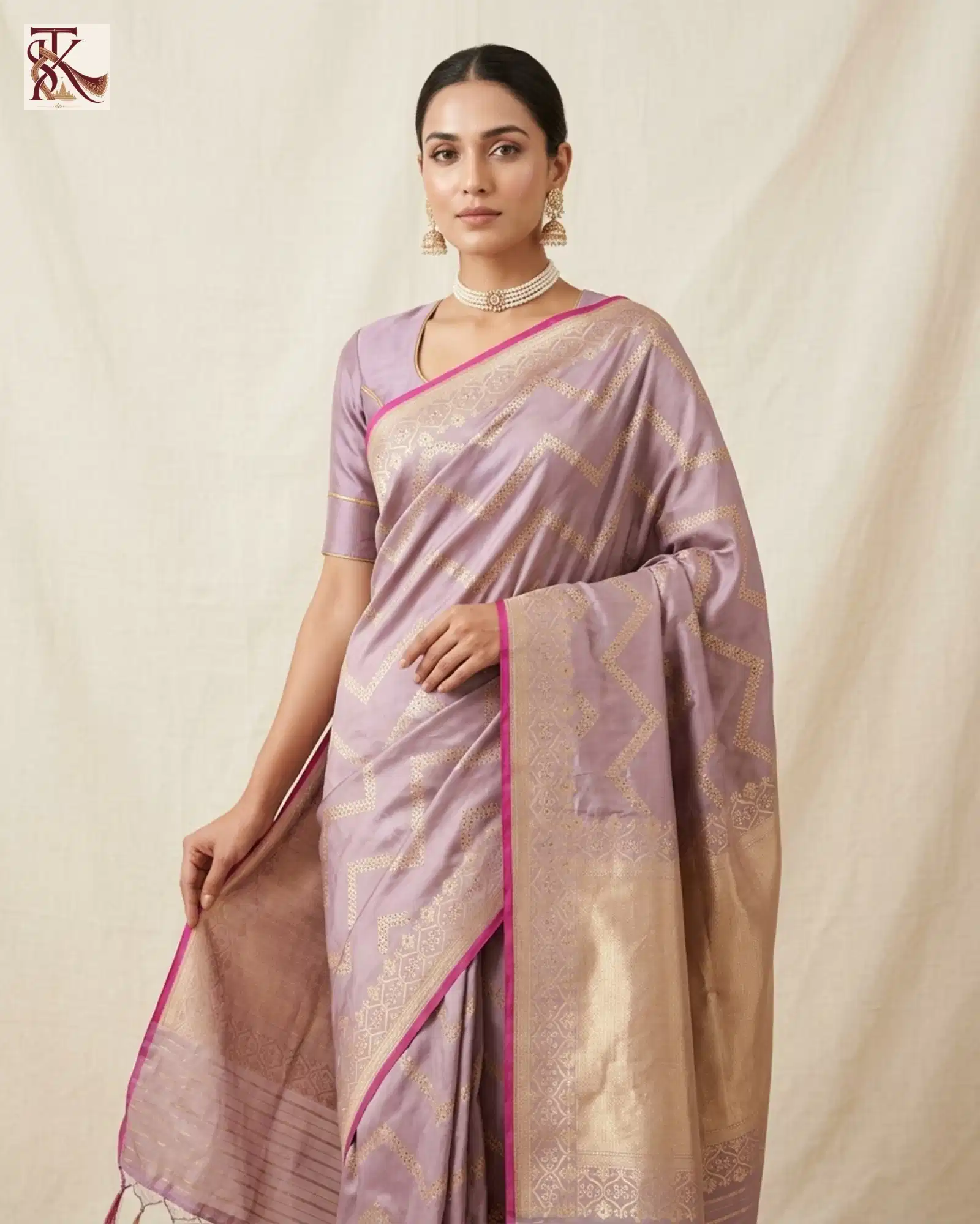 Mauve Pure Katan Silk Kadwa Banarasi saree with magenta edging and gold-toned zari in clean studio view