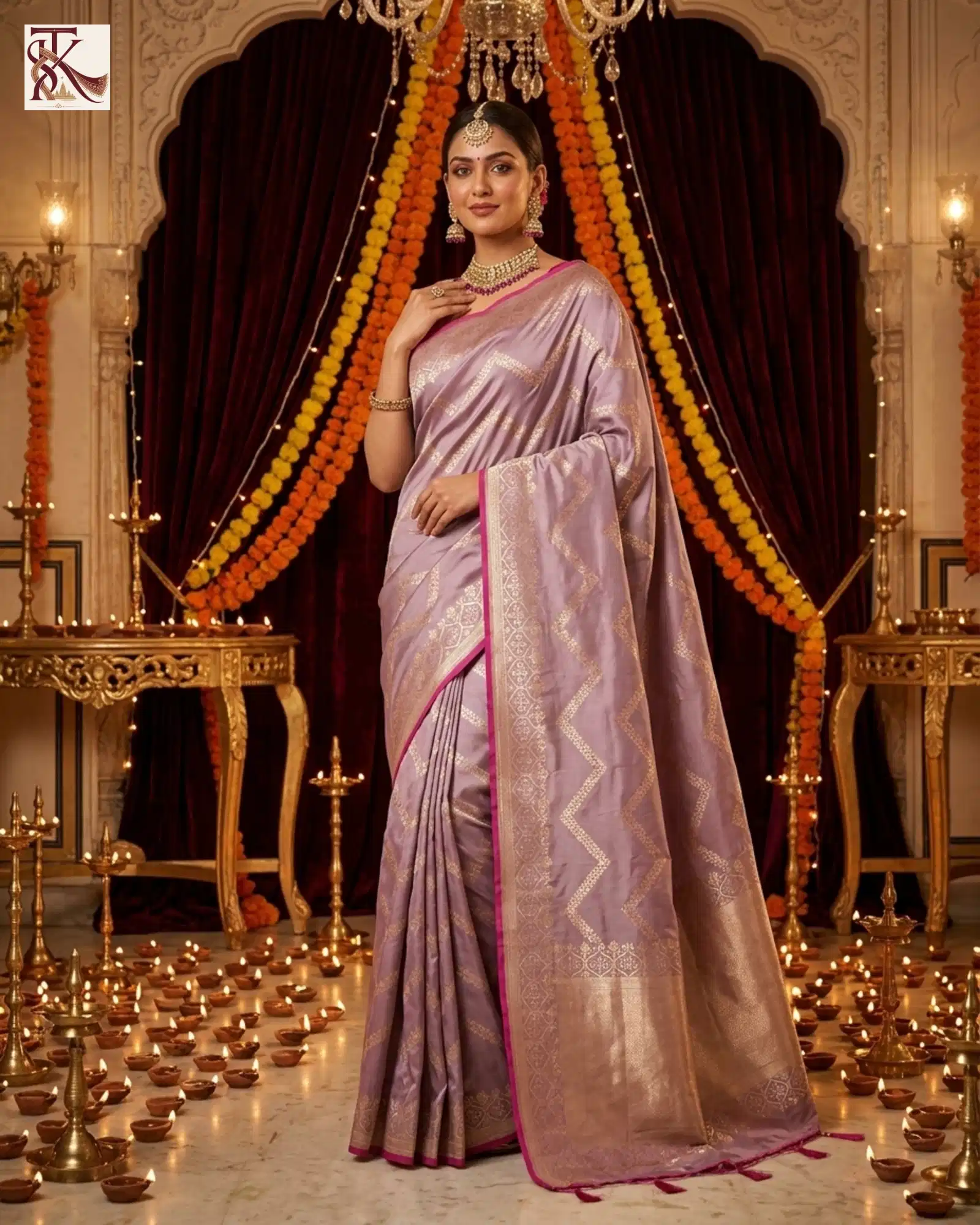 Mauve Pure Katan Silk Kadwa Banarasi saree with gold-toned zari in a festive styled setting