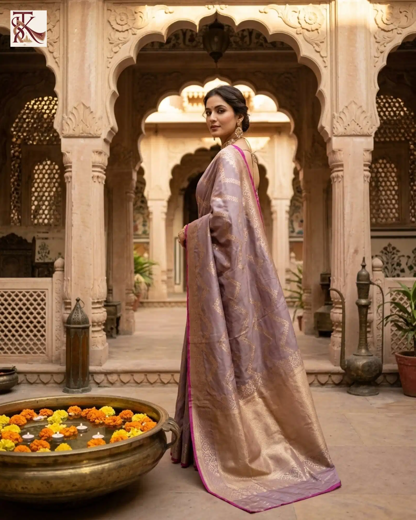 Mauve Kadwa Banarasi saree showing broad gold-toned zari pallu with ornamental framing