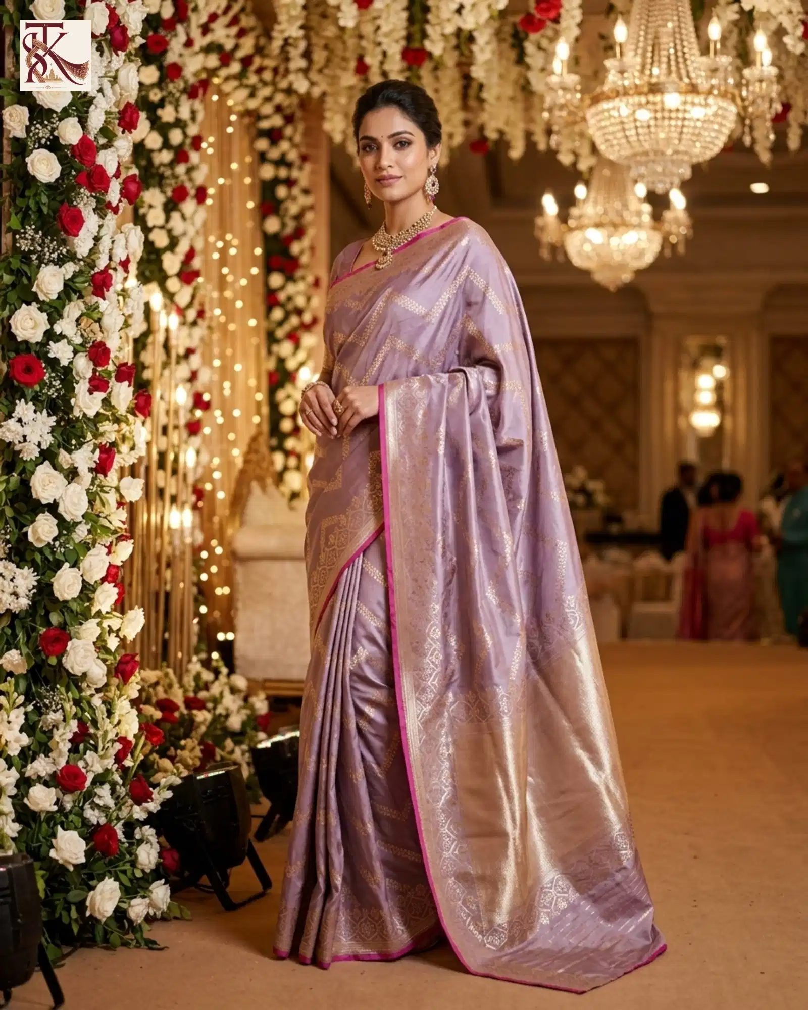 Mauve Pure Katan Silk Kadwa Banarasi saree with gold-toned zari in a reception-style setting