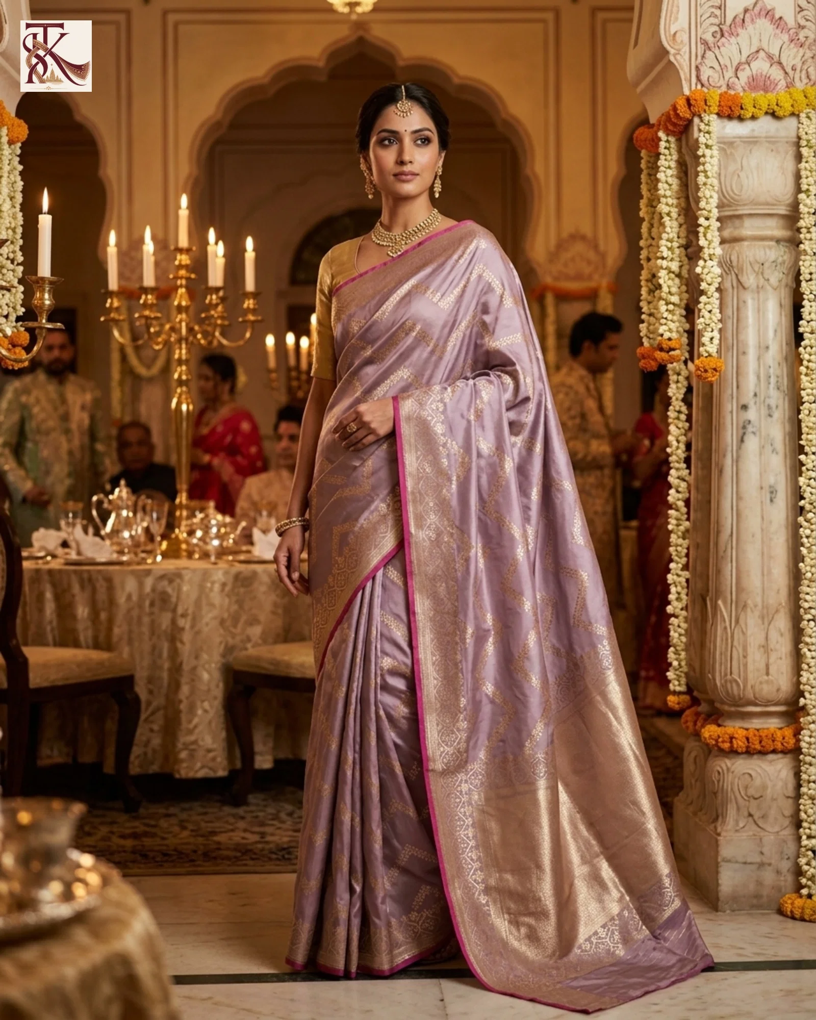 Mauve Katan Silk Kadwa Banarasi saree with magenta edging and gold-toned zari in a formal styled setting