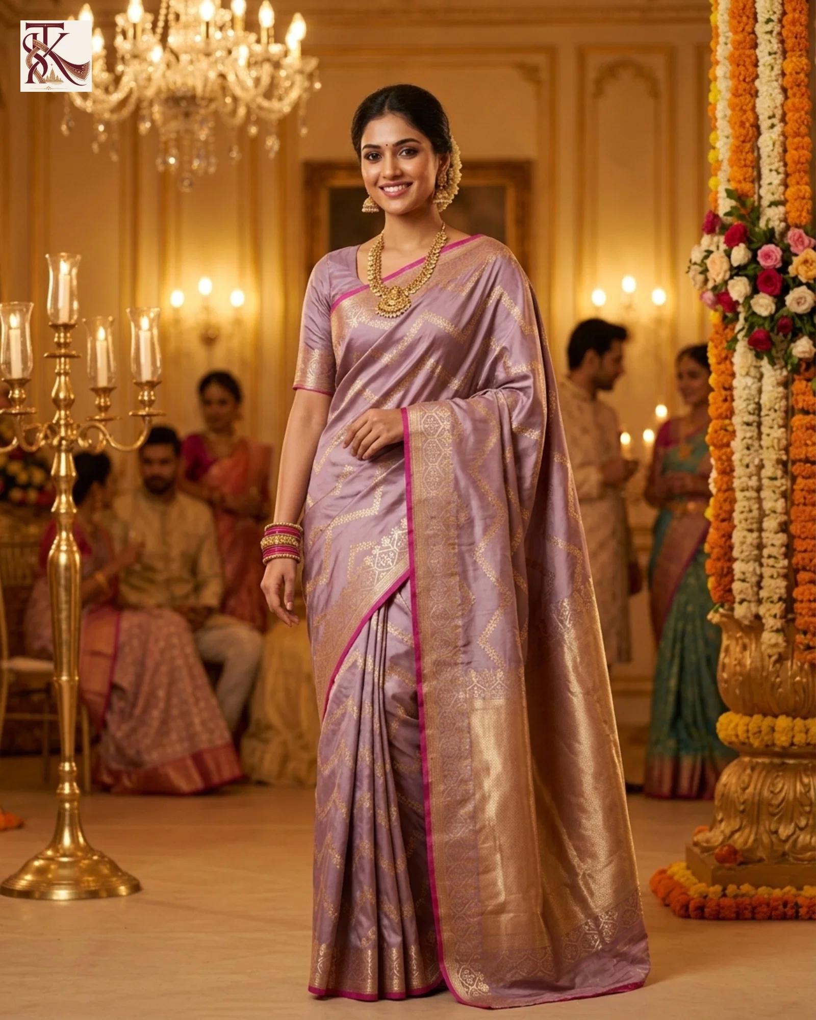 Mauve Pure Katan Silk Kadwa Banarasi saree with gold-toned zari in a wedding-style setting