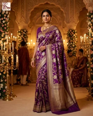 Rajvalli purple Katan Silk Kadwa Banarasi saree with floral jaal and gold silver zari meena in wedding reception setting