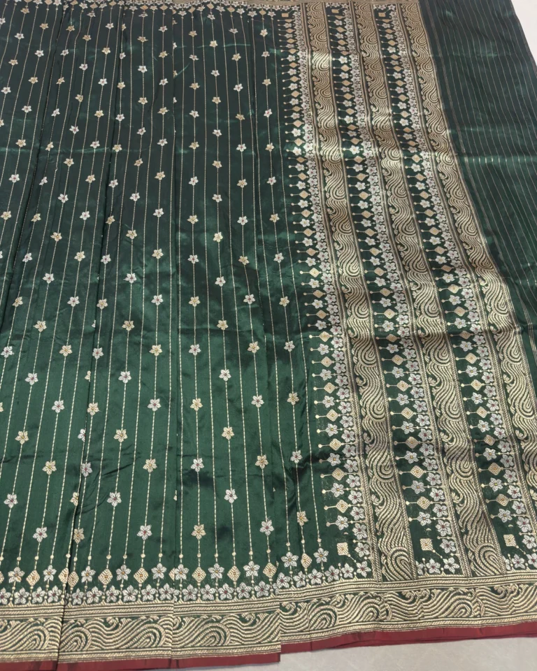 Emerald Green Katan Silk Kadwa Stripe Allover Banarasi Saree