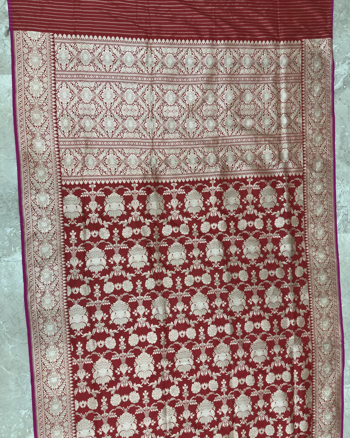 Crimson Red Kadwa Jangla Banarasi Saree, full saree view